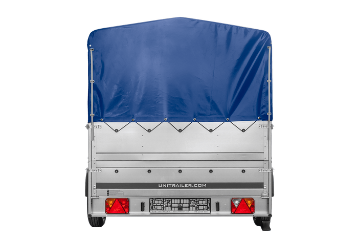 Enkelassige aanhanger op veren 264x150 UNITRAILER GARDEN 265/R KIPP met BIS-zijwanden, H-800 frame en blauwe afdekking