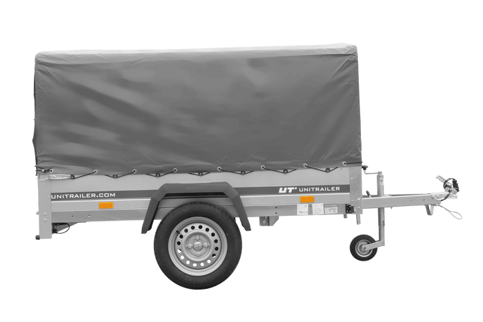 Enkelassige aanhanger 200x125 UNITRAILER GARDEN 201 KIPP met H-800 frame en grijze afdekking
