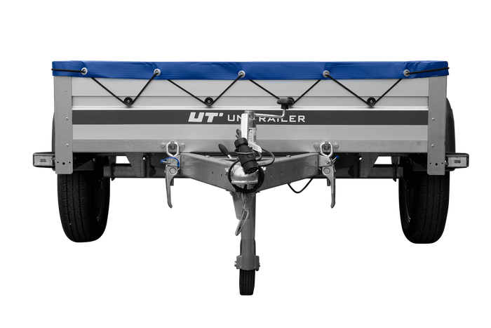 Enkelassige aanhanger met aluminium zijwanden 200x125 Unitrailer Garden 201 KIPP ALU met H-0 frame en blauwe afdekking