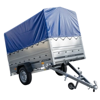 Enkelassige aanhangwagen op veren 230x125 UNITRAILER GARDEN 230/R KIPP met BIS zijwanden, H-800 frame en blauwe afdekking