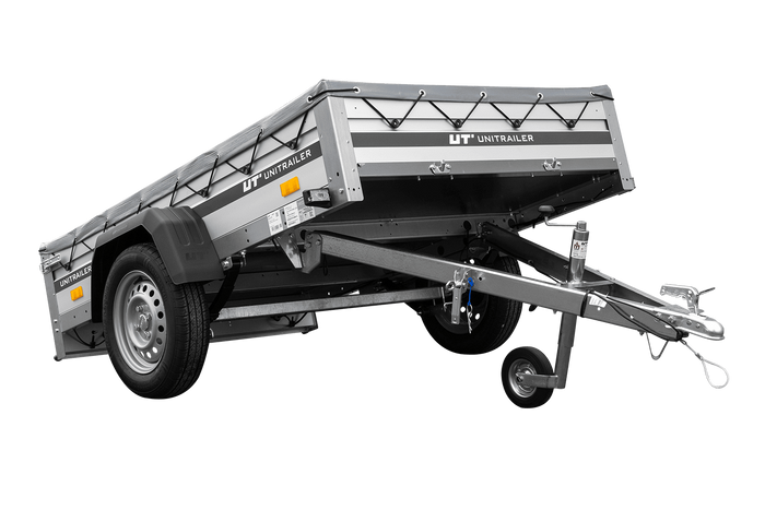 Enkelassige aanhanger op veren met aluminium zijwanden 200x125 Unitrailer Garden 201/R KIPP ALU met H-0 frame en grijze afdekking