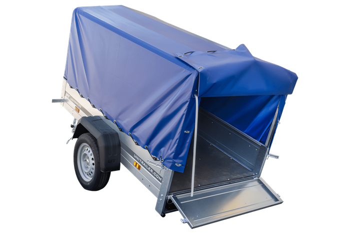 Enkelassige aanhanger 200x106 UNITRAILER GARDEN 200 KIPP met H-800 frame en blauw dekzeil