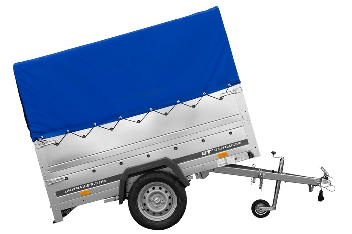 Lichte aanhangwagen op veren 200x125 UNITRAILER GARDEN 201/R KIPP met BIS zijwanden, H-800 frame en blauwe afdekking