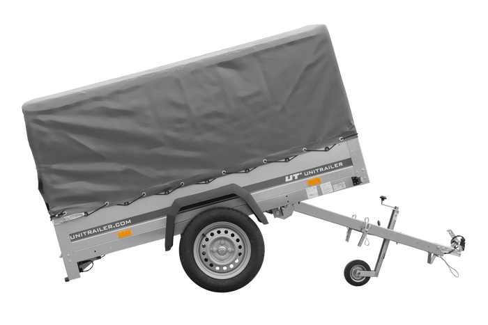 Enkelassige aanhanger 200x125 UNITRAILER GARDEN 201 KIPP met H-800 frame en grijze afdekking