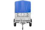 Eenassige aanhanger met kipper Unitrailer GARDEN TRAILER 200 KIPP met steunwiel, gaaswanden en H-800 frame met blauwe kap