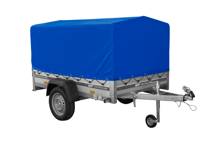 Enkelassige aanhanger met aluminium zijwanden 200x125 Unitrailer Garden 201 KIPP ALU met H-800 frame en blauwe afdekking