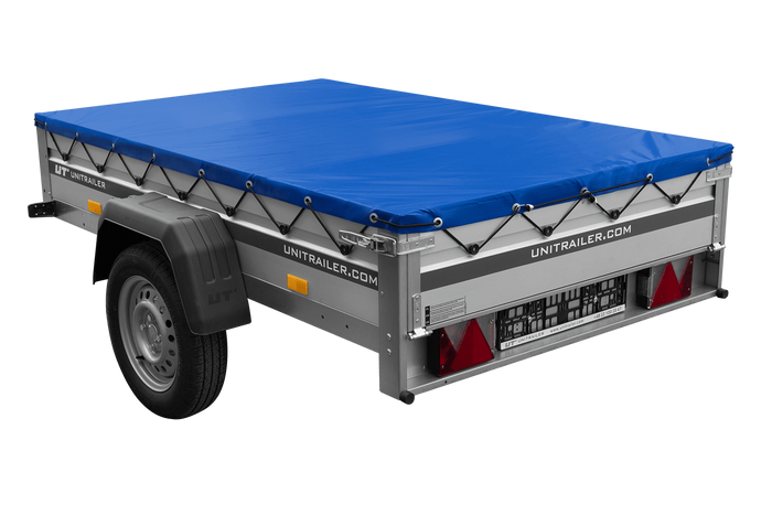 Enkelassige aanhanger met aluminium zijwanden 200x125 Unitrailer Garden 201 KIPP ALU met H-0 frame en blauwe afdekking