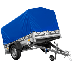 Autoaanhanger op veren met aluminium zijwanden 200x125 Unitrailer Garden 201/R KIPP ALU met H-800 frame en blauwe afdekking