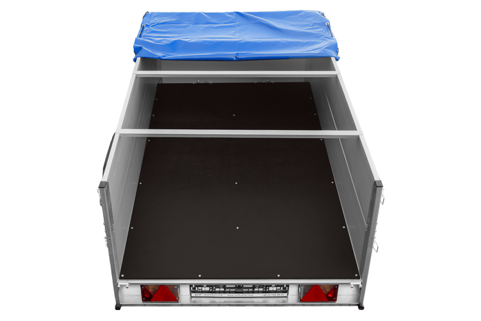 Enkelassige aanhanger met aluminium zijwanden 230x125 Unitrailer Garden 230 KIPP ALU met BIS-zijwanden, H-0 frame en blauwe afdekking