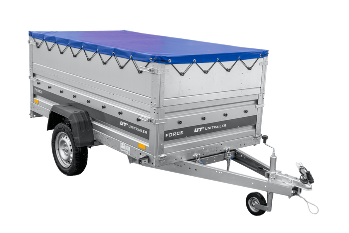 Lichte aanhanger 230x125 UNITRAILER FORCE 230 KIPP met BIS-zijwanden, H-0 frame en blauwe afdekking