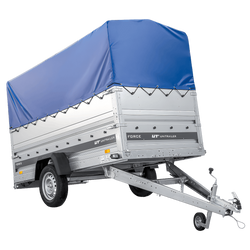 Autotransporter 264x125 UNITRAILER FORCE 264 KIPP met BIS-zijwanden, H-800 frame en blauwe afdekking