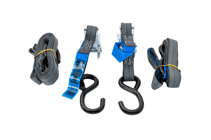 Set van twee HILLS 3m/25mm/1t transportbanden met spanner en twee 0,45m harnassen voor het vastzetten van de motorfiets