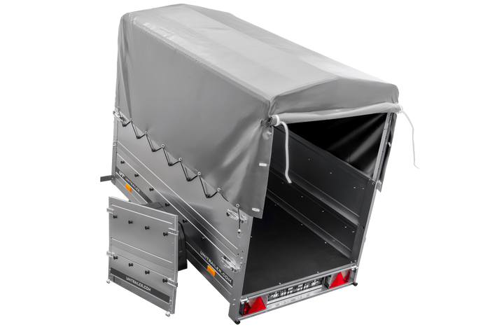 Lichte aanhanger 200x106 UNITRAILER GARDEN 200 KIPP met BIS-zijwanden, H-800 frame en grijze afdekking