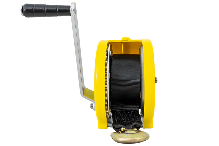 Handlier KNOTT 450 kg met een gele behuizing en een band