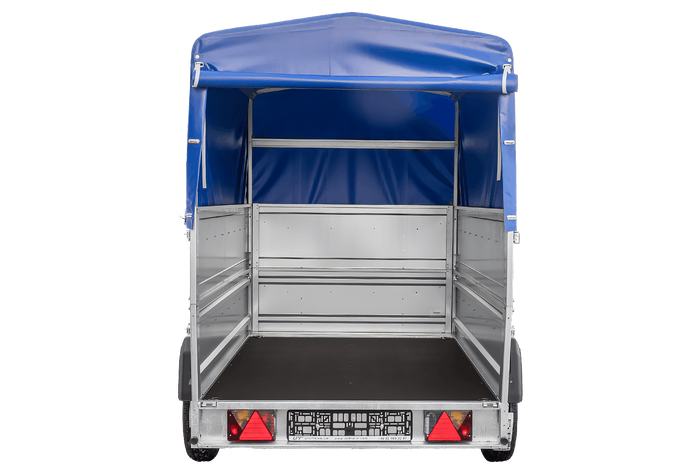 Enkelassige aanhanger op veren 230x125 UNITRAILER FORCE 230/R KIPP met BIS-zijwanden, H-800 frame en blauwe afdekking