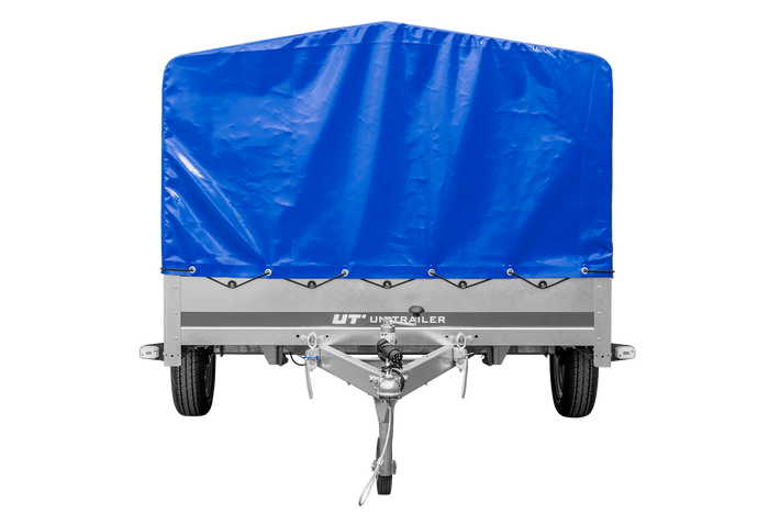 Enkelassige aanhanger op veren 264x150 UNITRAILER GARDEN 265/R KIPP met H-800 frame en blauwe afdekking