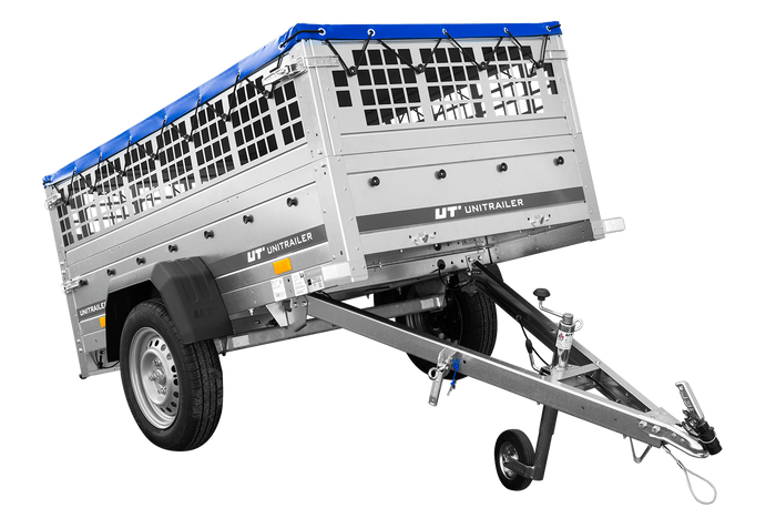 Lichte aanhanger 200x106 UNITRAILER GARDEN 200 KIPP met gaaswanden, H-0 frame en blauwe hoes