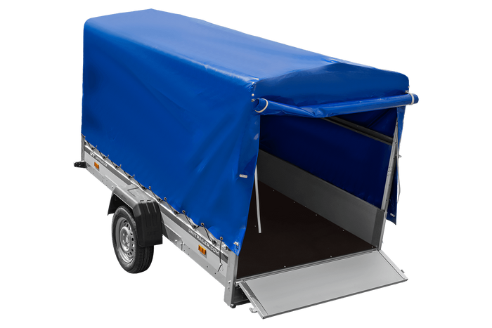 Autoaanhanger met aluminium zijwanden 264x125 Unitrailer Garden 264 KIPP ALU met H-1100 frame en blauwe afdekking