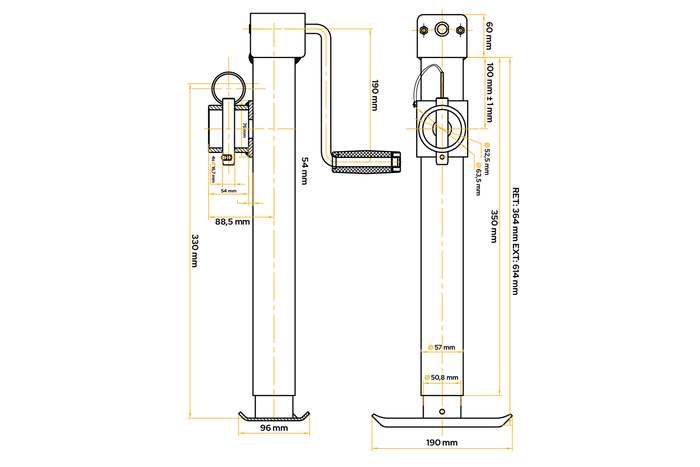 UNITRAILER TJ5001 uitschuifbare krukassteun voor 1300 kg vlakke aanhanger 364-614 mm