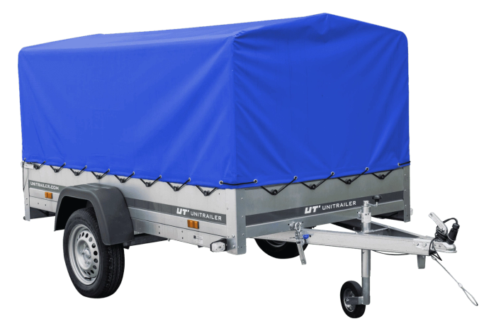 Enkelassige aanhangwagen op veren 230x125 UNITRAILER GARDEN 230/R KIPP met H-800 frame en blauw dekzeil