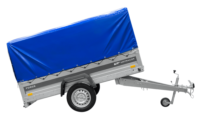 Enkelassige aanhanger 230x125 UNITRAILER FORCE 230 KIPP met H-800 frame en blauwe afdekking