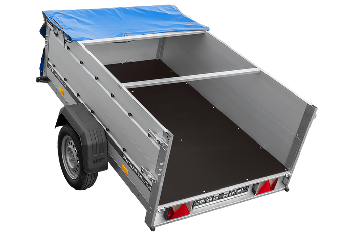 Autoaanhanger met aluminium zijwanden 200x125 Unitrailer Garden 201 KIPP ALU met BIS-zijwanden, H-0 frame en blauwe afdekking