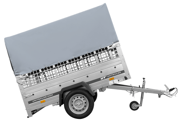 Enkelassige aanhangwagen op veren 200x125 UNITRAILER GARDEN 201/R KIPP met roosterwanden, H-800 frame en grijze afdekking