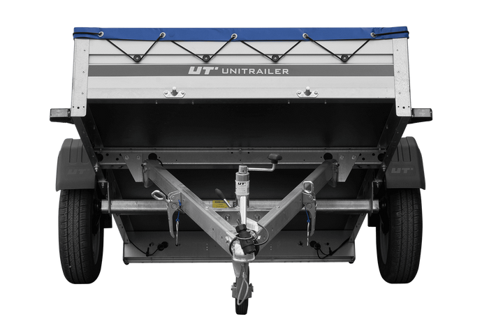 Enkelassige aanhanger met aluminium zijwanden 200x125 Unitrailer Garden 201 KIPP ALU met H-0 frame en blauwe afdekking