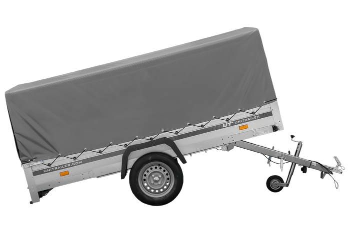 Enkelassige aanhanger met aluminium zijwanden 264x125 Unitrailer Garden 264 KIPP ALU met H-800 frame en grijze afdekking