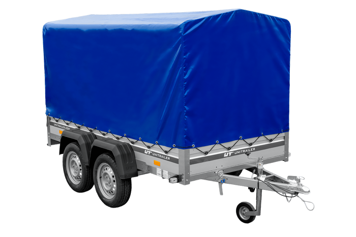 Tweeassige aanhanger met aluminium zijwanden 264x125 Unitrailer Garden 264/2 KIPP ALU met frame H-1100 en blauwe afdekking