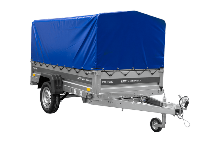 Autotransportaanhanger op veren 230x125 UNITRAILER FORCE 230/R KIPP met H-800 frame en blauwe afdekking