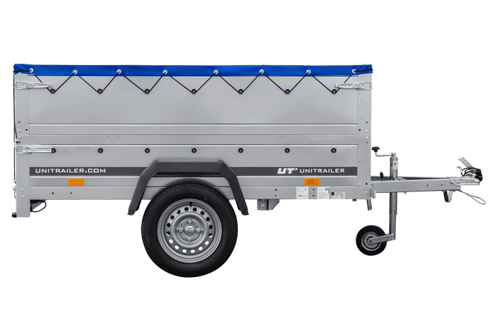 Autoaanhanger 200x106 UNITRAILER GARDEN 200 KIPP met BIS-zijwanden, H-0 frame en blauwe afdekking