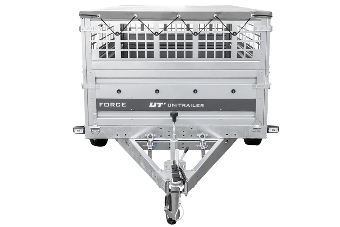 Enkelassige aanhanger 264x125 UNITRAILER FORCE 264 KIPP met gaaswanden, H-0 frame en grijze afdekking