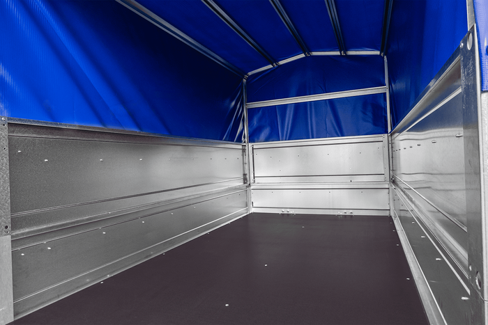 Lichte aanhanger 230x125 UNITRAILER GARDEN 230 KIPP met BIS-zijwanden, H-800 frame en blauwe afdekking