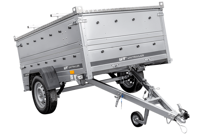 Enkelassige aanhangwagen op veren 230x125 UNITRAILER GARDEN 230/R KIPP met BIS zijwanden en aluminium afdekplaat