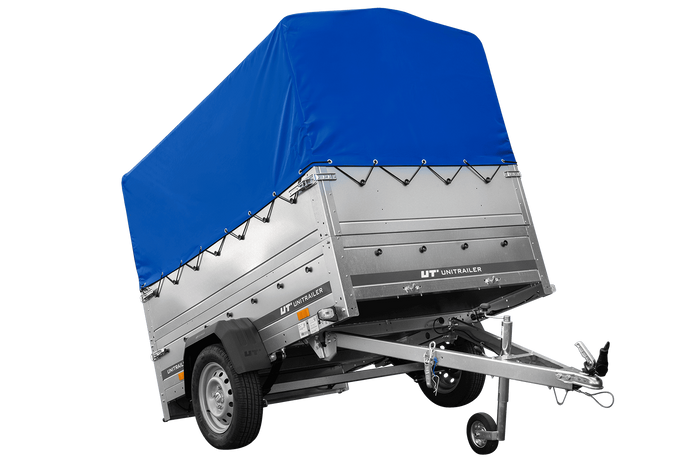 Lichte aanhangwagen op veren 200x125 UNITRAILER GARDEN 201/R KIPP met BIS zijwanden, H-800 frame en blauwe afdekking