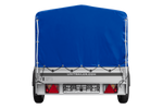 Enkelassige aanhanger op veren met aluminium zijwanden 230x125 Unitrailer Garden 230/R KIPP ALU met H-800 frame en blauwe afdekking