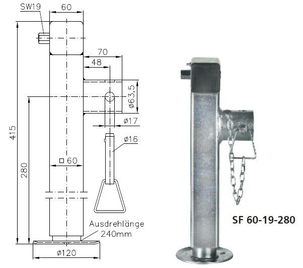 Uitschuifbare steun met slinger en adapter WINTERHOFF SF60-19-280 voor 1300 kg vlakke aanhanger 415-655 mm
