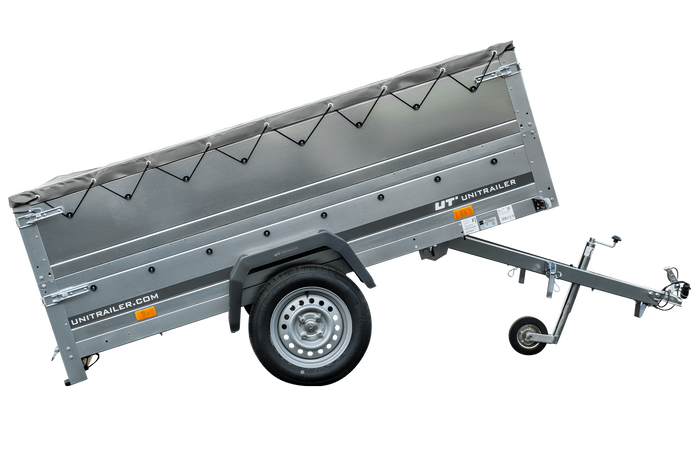 Eenassige aanhanger met een GARDEN TRAILER 230 KIPP met een steunwiel, twee zijkanten en een grijze vlakke kap