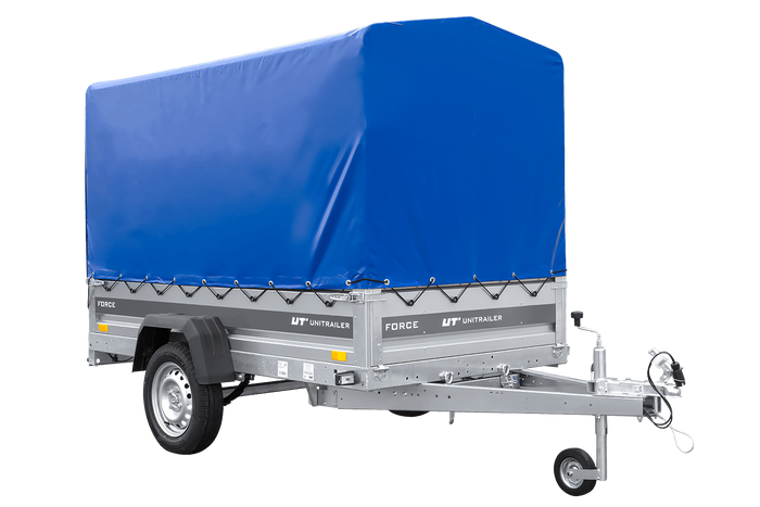 Autotransportaanhanger op veren 230x125 UNITRAILER FORCE 230/R KIPP met H-1100 frame en blauwe hoes