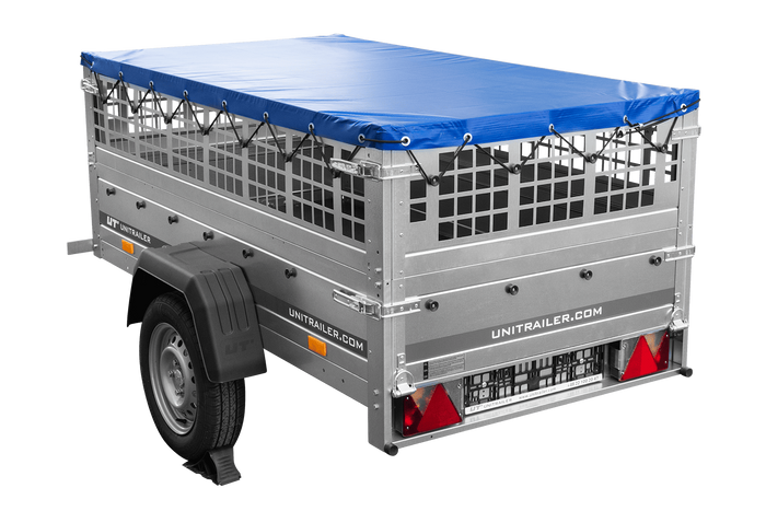 Lichte aanhanger 200x106 UNITRAILER GARDEN 200 KIPP met gaaswanden, H-0 frame en blauwe hoes