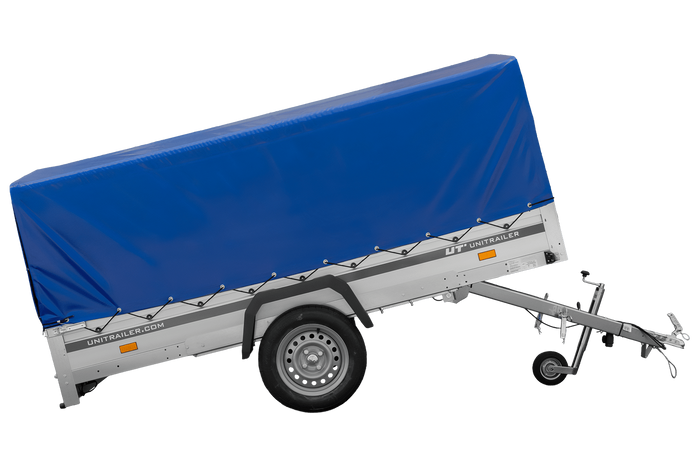 Enkelassige aanhanger met aluminium zijwanden 264x125 Unitrailer Garden 264 KIPP ALU met H-800 frame en blauwe afdekking