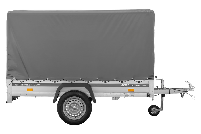 Autoaanhanger met aluminium zijwanden 230x125 Unitrailer Garden 230 KIPP ALU met H1100 frame en grijze afdekking