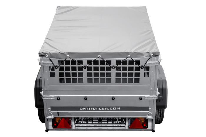 Kleine enkelassige aanhanger Unitrailer GARDEN TRAILER 150 KIPP met steunwiel, gaaswanden en een vlakke grijze kap