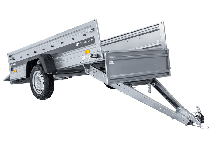 Enkelassige aanhanger op veren 264x125 UNITRAILER FORCE 264/R KIPP met H-800 frame en blauwe afdekking