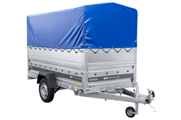 Lichte aanhanger op veren 264x125 UNITRAILER FORCE 264/R KIPP met BIS-zijwanden, H-800 frame en blauwe afdekking