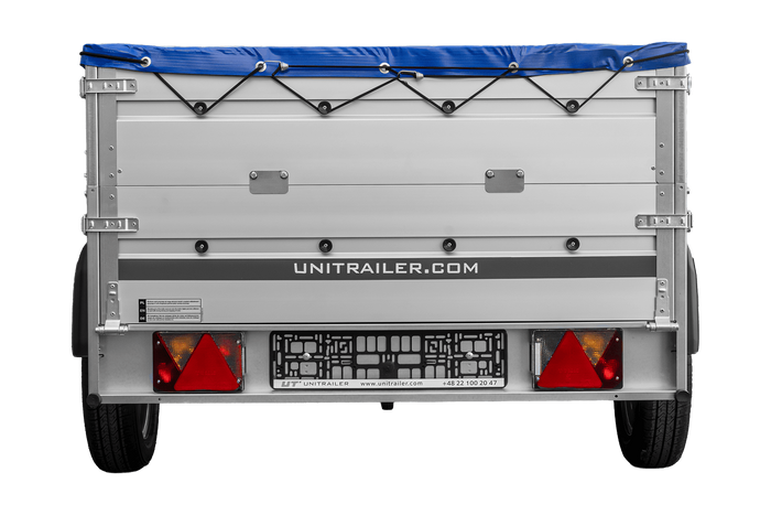 Enkelassige aanhanger met aluminium zijwanden 230x125 Unitrailer Garden 230 KIPP ALU met BIS-zijwanden, H-0 frame en blauwe afdekking