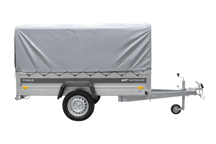 Enkelassige aanhanger 230x125 UNITRAILER FORCE 230 KIPP met H-800 frame en grijze afdekking