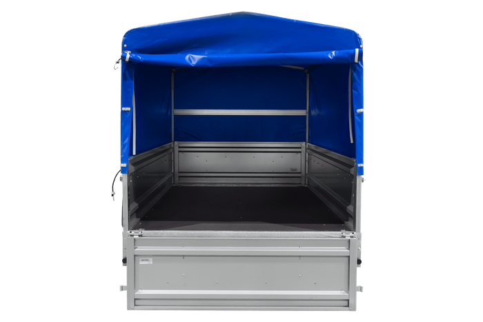 Enkelassige aanhanger op veren 264x125 UNITRAILER FORCE 264/R KIPP met H-800 frame en blauwe afdekking