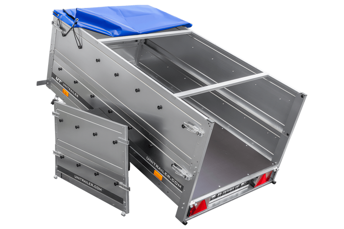 Autoaanhanger 200x106 UNITRAILER GARDEN 200 KIPP met BIS-zijwanden, H-0 frame en blauwe afdekking